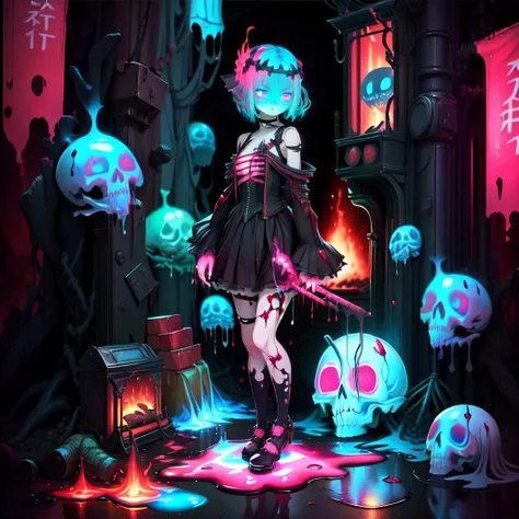 <lora:ectoV5:0.9> ecto ,1girl, fire, <lora:BloodSkelterStyle-30:0.8>,Blood_Skelter,pink blood, glowing eyes,
