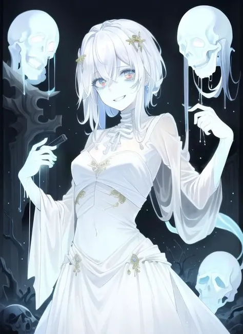 ((best quality)), ((highly detailed)), masterpiece, (detailed eyes, deep eyes), (1girl), cowboy shot, ((ghost-girl)), ((undead)), <lora:ectoV5:.8>, ecto woman, ((pale skin:1.3)), ((white colored hair:1.3)), (eye bags), (monstergirl), smoky skull, flowing ((white gown)), small breasts, wide hips, ((crazy grin)), ((graveyard)), fog