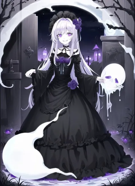 ((best quality)), ((highly detailed)), masterpiece, (detailed eyes, deep eyes), (1girl), full body, ((ghost-girl)), ((undead)), <lora:ectoV5:.7>, ecto woman, ((pale skin:1.3)), ((pale_violet colored hair:1.3)), (eye bags), (monstergirl), smoky skull, flowing ((black dress)), small breasts, wide hips, ((crazy grin)), ((graveyard)), fog