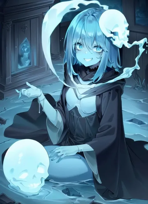 ((best quality)), ((highly detailed)), masterpiece, detailed face, beautiful face, (detailed eyes, deep eyes), (1girl), full body, ((ghost-girl)), ((undead)), <lora:ectoV5:.8>, ecto woman, ((powder_blue colored skin:1.3)), ((powder_blue colored hair:1.3)), (eye bags), (monstergirl), flowing ((black robe)), small breasts, ((crazy grin)), ((mausoleum)), fog