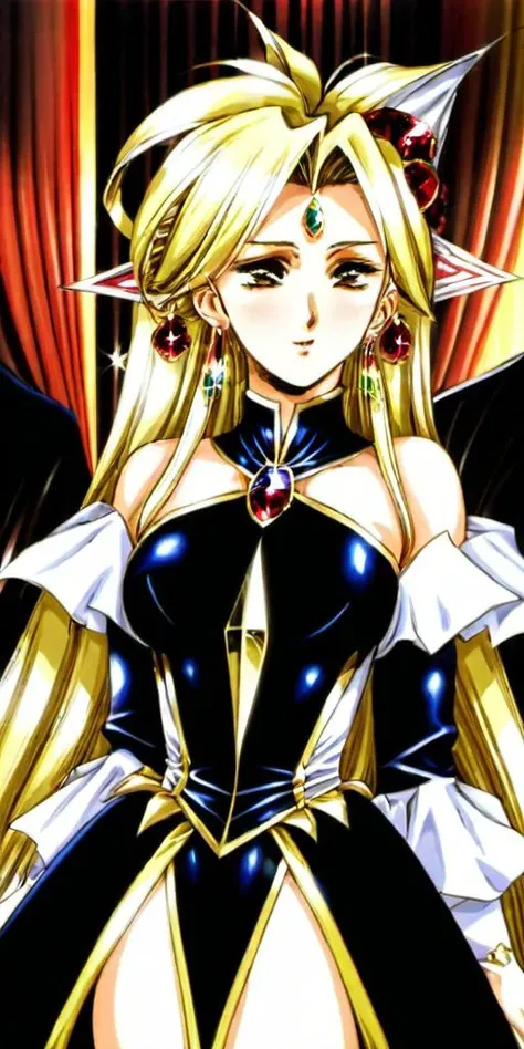 urushisato, blonde hair, long hair, large breasts, ballroom gown, breastplate, pointy ears, earrings, jewelry,  <lora:xl_urushihara_satoshi_v16:1>