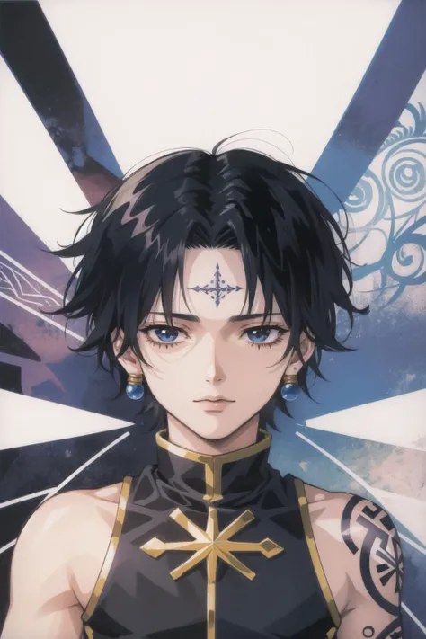 best quality, intricate details,
1boy, <lora:chrolloLucilferHUNTER_v10:0.8> chrollo lucilfer, jewelry, black hair, forehead tattoo,
<lora:satoshiUrushihara_urushisatoV15:0.8> urushisato, ova, background,