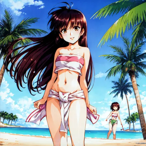 masterpiece, best quality, <lora:Chel_character-10:0.7> ChelWaifu, (strapless, tube top, navel, loincloth), windy, floating hair, palm tree, sand, feet out of frame, <lora:urushisato_v15:1.5> urushisato, light smile,