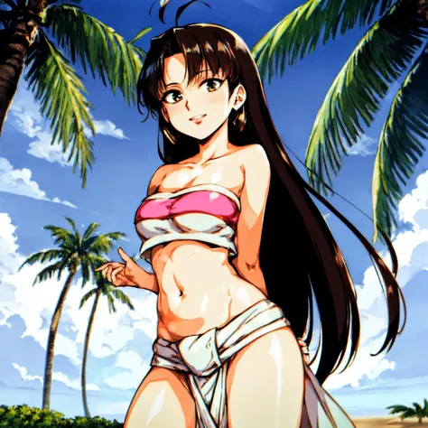 masterpiece, best quality, <lora:Chel_character-10:0.7> ChelWaifu, (strapless, tube top, navel, loincloth), windy, floating hair, palm tree, sand, cowboy shot, standing, <lora:urushisato_v15:1.5> urushisato, facing viewer, light smile, leaning on tree, hand in own hair,