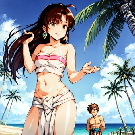 masterpiece, best quality, <lora:Chel_character-10:0.7> ChelWaifu, (strapless, tube top, navel, loincloth), windy, floating hair, palm tree, sand, cowboy shot, standing, <lora:urushisato_v15:1.5> urushisato, facing viewer, light smile, standing, hand in own hair,