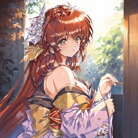 (masterpiece + best quality + finely detailed beautiful eyes:1.2), depth of field, bokeh, Dramatically lit, 1girl, solo,, outdoors, (at twilight + during spring:1.2), (straight hair + long hair + dark blue hair), (girl wearing kimono + off-shoulder ), pensive, yellow eyes, tsurime, (smooth and pale skin)<lora:urushi_satoV7:1.5>, urushisato,((auburn hair,shaved hair))