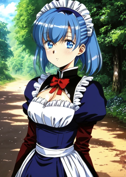 <lora:urushi_satoV7(1):1> (urushisato:1) masterpiece, absurdres, 1girl, female focus, standing, portrait, blue hair, blue eyes, shopping, dirt road, fantasy, roswald maid uniform, rem \(re:zero\), hair over one eye, short hair,