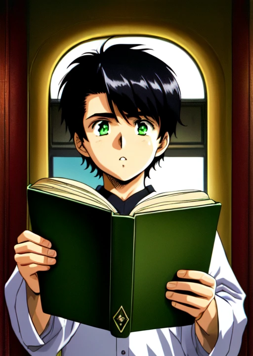 <lora:urushi_satoV7(1):1> (urushisato:1) masterpiece, absurdres, 1boy, male focus, standing, portrait, black hair, green eyes, dark skin, reading a book,