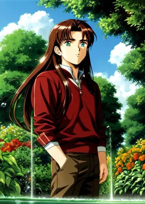 <lora:urushi_satoV7(1):1> (urushisato:1) masterpiece, absurdres, 1boy, male focus, standing, portrait, long brown hair, green eyes, watering flowers, blue sky,