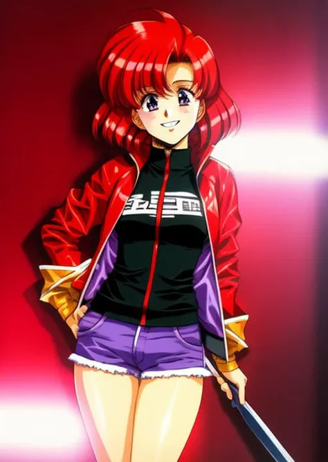 masterpiece, absurdres, 1girl, standing, portrait, full body, beautiful girl, red hair, purple eyes, jacket, short shorts, grin, <lora:urushi_satoV7(1):1.2> (urushisato:1)