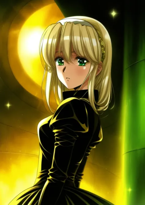 masterpiece, absurdres, 1girl, standing, portrait, full body, beautiful girl, blonde hair, green eyes, dark skin, dress, <lora:urushi_satoV7(1):1> (urushisato:1)