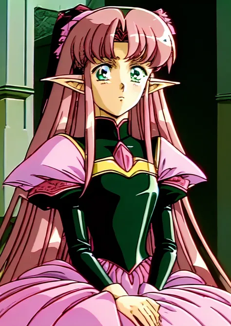 <lora:urushi_satoV7(1):1.0> (urushisato:1.2), masterpiece, absurdres, cel, 1990s artstyle, portrait 1girl, , long black hair brushed backwards, elf, pink dress, frills, blush, princess, green eyes, sharp eyes, bright eyes, film grain, screenshot, ova, throne room, cold facial expression, stern, angry