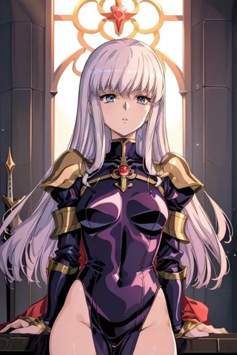 background,ova,urushisato,masterpiece, best quality, highres,phisically-based render,  A beautiful woman in shiny jewelry gorgeous armor,   holds a sacred sword in the church, langrisser,shiny hair,shiny skin,floating hair,parted lips, small head,small breasts, skinny, narrow waist, long legs, sharp, <lora:urushihara_satoshi_v15:1>,