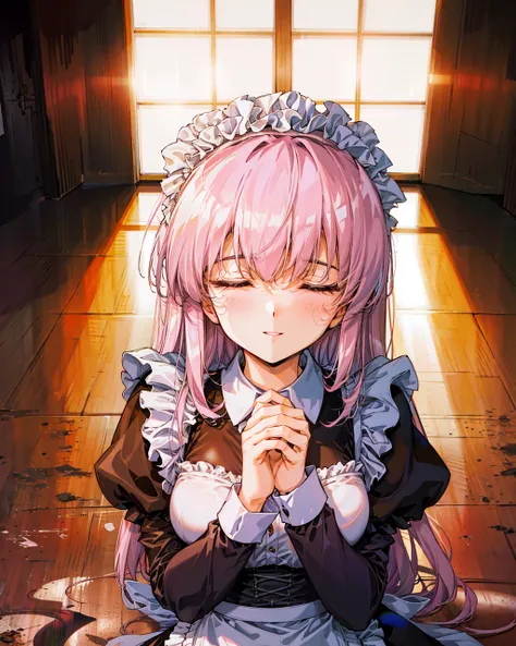 ultra high res,detailed shadow, best quality, depth of field,(upper body),(pink+long hair:1.5),1girl,(maid:1.5),reflection, eyes wear, <lora:urushi_satoV15:1.5>,pov,looking at viewer, smile,big breasts, mature female, Baroque architecture,Rococo ,architecture,(man is placing one hand on a woman's cheek),(closed eye:1.3),(playing:1.3)