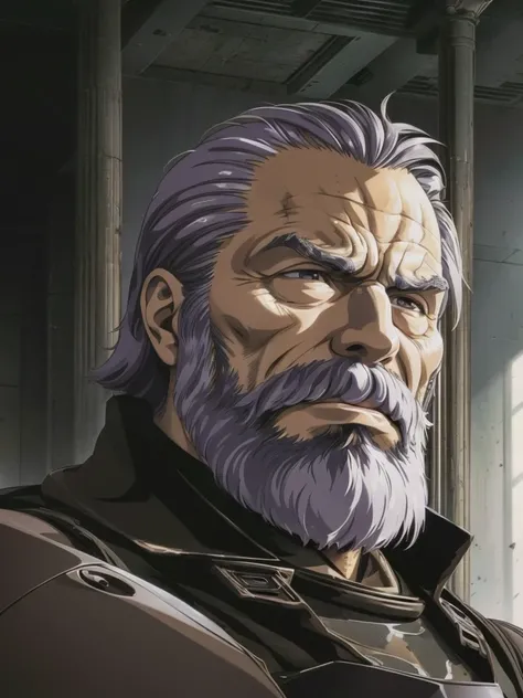 <lora:urushisato_v15:1.0> (urushisato:1.0), (OVA:1.4),
painting, best quality, masterpiece,
portrait, 1boy, (strong ripped mature man:1.1) beard, silver hair, commanding, bleak, industrial interior background, hitachi sony yamaha
