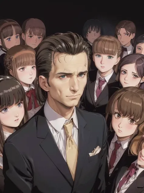 <lora:urushisato_v15:1.0> (urushisato:1.0), (ova:0.3)
painting, best quality, masterpiece,
(Patrick Bateman looking at viewer:1.0) in suit,
(6+girls schoolgirls:1), girls girls girls
dark background