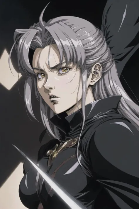 <lora:urushihara_satoshi_v15:1> (urushisato:1.0), (OVA:1.4),dark fantasy, 90's anime
painting, best quality, masterpiece, detailed face, insane details, shadows,
1girl, (strong woman:1.1) silver hair, commanding, vampire hunter, dark, medium shot, long black coat, black sword, dynamic pose