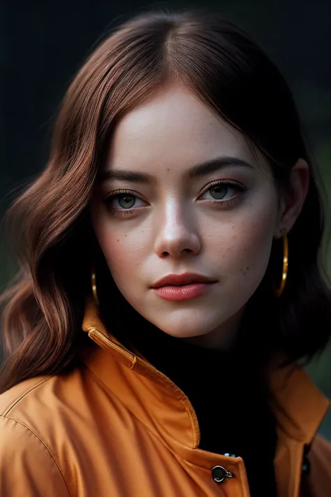 EmmaS_SoloTI_v1, a beautiful woman, perfect hair, (modern photo, Tiger Orange yellow raincoat:1.1), closeup portrait, 85mm, (analog, cinematic, film grain, hazy atmosphere:1.3), ((outside, rivendell background, sunset:1.2)), detailed eyes, (painted lips), (seductive), (looking at viewer), earrings, (cinematic shot:1.3), <lora:add_detail:0.6>, <lora:LowRa:0.3>