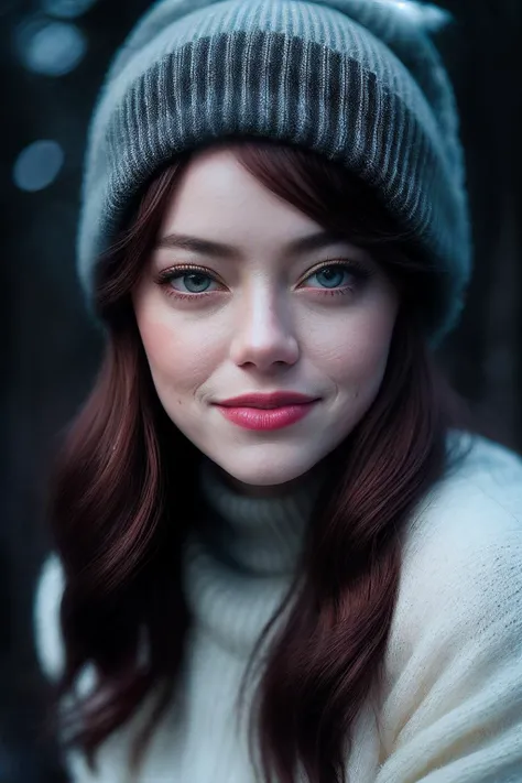EmmaS_SoloTI_v1, (smile:1.3), a beautiful woman, perfect hair, (modern photo,Cozy oversized sweater, knitted beanie, faux fur boots:1.1), closeup portrait, 85mm, (analog, cinematic, film grain, hazy atmosphere:1.3), ((Snow-covered forest backdrop, serene and enchanting, winter twilight:1.2)), detailed eyes, (painted lips), (seductive), (cinematic shot:1.3), <lora:add_detail:0.6>, <lora:LowRa:0.5>