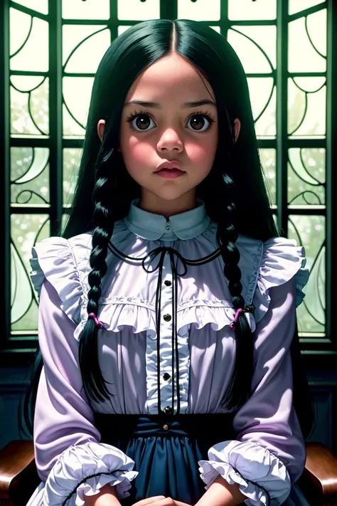 young adorable jenna ortega as wednesday addams braids sitting in a glorious luxurious gothic manor window bright moonlight spooky tim burton style
(masterpiece:1.4) (best quality:1.4) (8k) (HDR) (wallpaper) (cinematic lighting) (sharp focus) (intricate) (Face-WednesdayAddamsNtx:0.9)