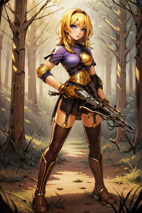 (masterpiece, best quality, ultra detailed, absurdres:1.5), 1girl, (sexy, beautiful woman, perfect face, perfect eyes, perfect female body:1.5), (archerRo, armor, boots, gloves, thighhighs, golden ring, slited skirt, golden armor, golden collar, hairband, crossbow, weapon, holding crossbow, holding crossbow \(weapon\), crossbow \(weapon\), <lora:archerRO_V1.4:0.75>), (full body, standing, outdoors, forest), perfect lighting, smooth, hdr