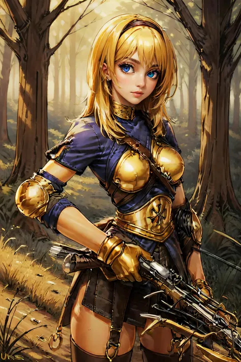 (masterpiece, best quality, ultra detailed, absurdres:1.5), 1girl, (sexy, beautiful woman, perfect face, perfect eyes, perfect female body:1.5), (archerRo, armor, boots, gloves, thighhighs, golden ring, slited skirt, golden  armor, golden collar, hairband, crossbow, weapon, holding crossbow, holding crossbow \(weapon\),  crossbow \(weapon\), <lora:archerRO_V1.4:0.75>), (standing, outdoors, forest), perfect lighting, smooth, hdr