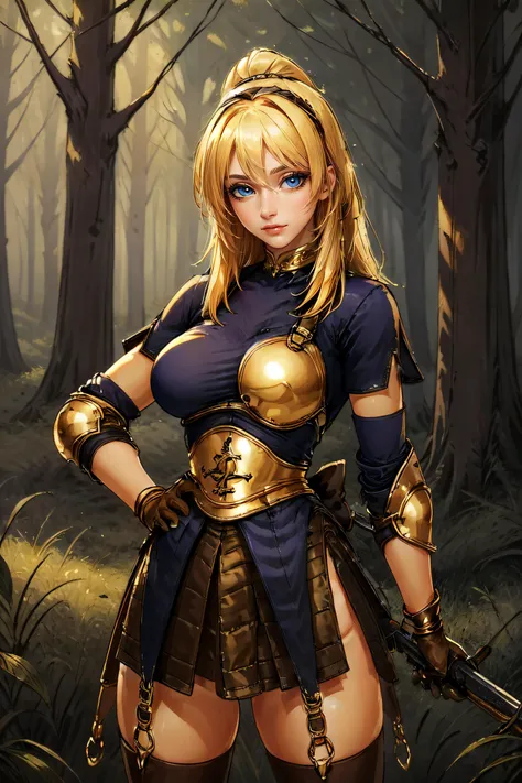 (masterpiece, best quality, ultra detailed, absurdres:1.5), 1girl, (sexy, beautiful woman, perfect face, perfect eyes, perfect female body:1.5), (archerRo, armor, boots, gloves, thighhighs, golden ring, slited skirt, golden  armor, golden collar, hairband, quiver,  bow \(weapon\), holding bow \(weapon\), <lora:archerRO_V1.4:0.75>), (standing, outdoors, forest), perfect lighting, smooth, hdr