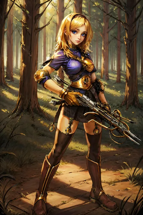 (masterpiece, best quality, ultra detailed, absurdres:1.5), 1girl, (sexy, beautiful woman, perfect face, perfect eyes, perfect female body:1.5), (archerRo, armor, boots, gloves, thighhighs, golden ring, slited skirt, golden  armor, golden collar, hairband, crossbow, weapon, holding crossbow, holding crossbow \(weapon\),  crossbow \(weapon\), <lora:archerRO_V1.4:0.75>), (full body, standing, outdoors, forest), perfect lighting, smooth, hdr