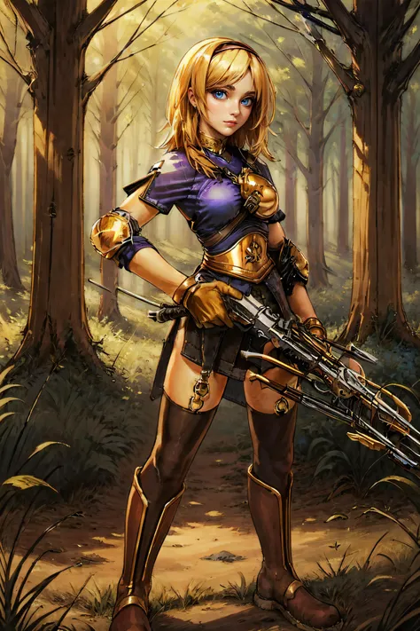 (masterpiece, best quality, ultra detailed, absurdres:1.5), 1girl, (sexy, beautiful woman, perfect face, perfect eyes, perfect female body:1.5), (archerRo, armor, boots, gloves, thighhighs, golden ring, slited skirt, golden armor, golden collar, hairband, crossbow, weapon, holding crossbow, holding crossbow \(weapon\), crossbow \(weapon\), <lora:archerRO_V1.4:0.75>), (full body, standing, outdoors, forest), perfect lighting, smooth, hdr