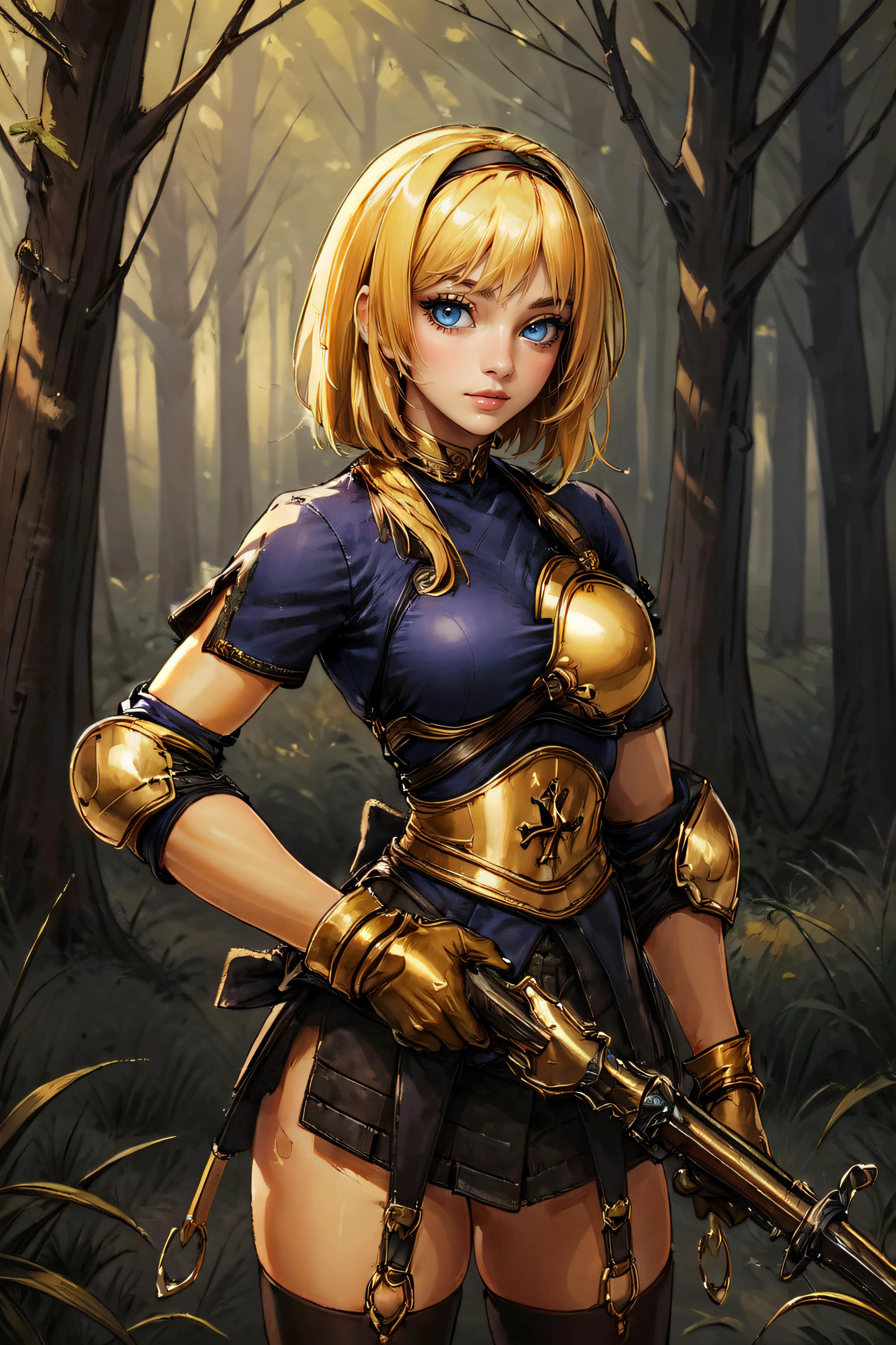 (masterpiece, best quality, ultra detailed, absurdres:1.5), 1girl, (sexy, beautiful woman, perfect face, perfect eyes, perfect female body:1.5), (archerRo, armor, boots, gloves, thighhighs, golden ring, slited skirt, golden armor, golden collar, hairband, quiver, bow \(weapon\), holding bow \(weapon\), <lora:archerRO_V1.4:0.75>), (standing, outdoors, forest), perfect lighting, smooth, hdr