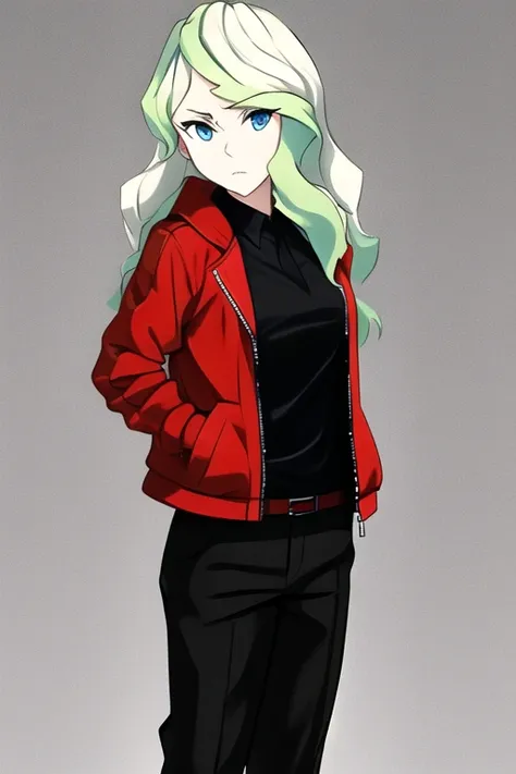 diana cavendish, red jacket, black pants, anime style, masterpiece, best quality