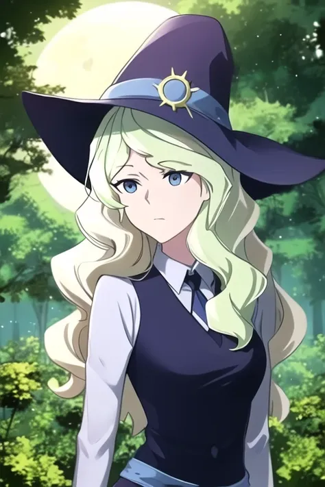 diana cavendish, luna nova uniform, masterpiece, best quality, forest, fire, moon