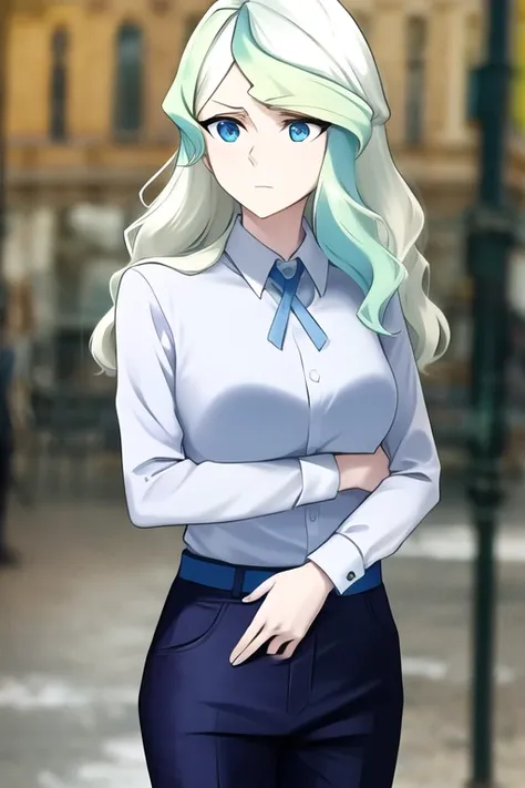 diana cavendish, white shirt, blue pants, anime style, masterpiece, best quality, city