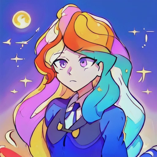 ((masterpiece)), best quality, (ultra-detailed:1.2), ((illustration)),,diana cavendish, luna nova uniform, masterpiece, best quality, forest, fire, moon, (disheveled hair),[orange hair:purple buttom hair:0.8],beautiful eyes,long hair,(colored inner hair:1.3),(gradient hair:1.2), blue and purple  eyes,