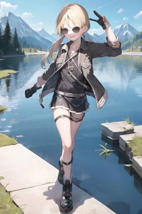 rikomia, black jacket, sunglasses, black skirt, walking, smile, mountain, river <lora:riko-mia:1>
