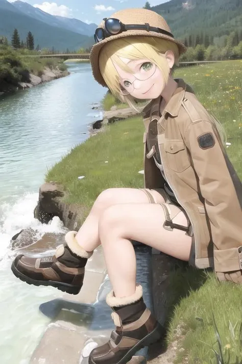 rikomia, sitting, smile, mountain, river <lora:riko-mia:1>