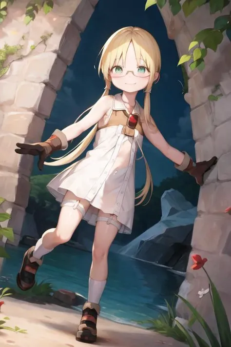 rikomia, white dress, standing, smile, cave <lora:riko-mia:1>