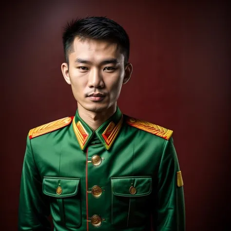 photo of 1 Vietnamese, young man, RAW photo, (high detailed skin:1.2), 8k UHD, DSLR, soft lighting, high quality, film grain, Fujifilm XT3, (high detailed skin:1.2), facing front, big face, visible pore:0.5, plain background, wearing Vietnamese Soviet green uniform, solo, upper body <lora:LowRA:0.2> <lora:AddMoreDetails:0.5> <lora:Vietnamesearmy_uniform-000004:0.6>