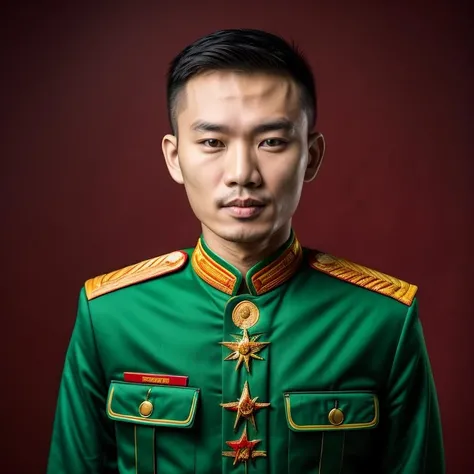photo of 1 Vietnamese, young man, RAW photo, (high detailed skin:1.2), 8k UHD, DSLR, soft lighting, high quality, film grain, Fujifilm XT3, (high detailed skin:1.2), facing front, big face, visible pore:0.5, plain background, wearing Vietnamese Soviet green uniform, solo, upper body <lora:LowRA:0.2> <lora:AddMoreDetails:0.5> <lora:Vietnamesearmy_uniform-000004:0.6>