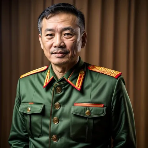photo of 1 Vietnamese, middle-aged man, RAW photo, (high detailed skin:1.2), 8k UHD, DSLR, soft lighting, high quality, film grain, Fujifilm XT3, (high detailed skin:1.2), facing front, big face, visible pore:0.5, plain background, wearing Vietnamese Soviet green uniform, solo, upper body <lora:LowRA:0.2> <lora:AddMoreDetails:0.5> <lora:Vietnamesearmy_uniform-000004:0.6>