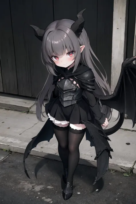 (perfect-picture:1.1), 1girl, cute, petite, chibi,
anime style, masterpiece, best quality, absurdres, (blushing:1.0), half-closed eyes, glowing eyes, eyeshadow, black dragon horns, black dragon tail, black dragon wings, (black long hair, very straight hair, blunt bangs, hime cut), black tight dragon scale armor, red eyes, long sleeves, black cape, pale skin, outdoors, (black hair), evil smile, black thighhighs, <lora:WaifuDragon:0.55>, <lora:Skyrim_VitalyaV4-000008:0.4>, <lora:a_jkStyle_jkfinal:0.3>, <lora:a_imizuNitroUnknown_imizufinal:0.2>