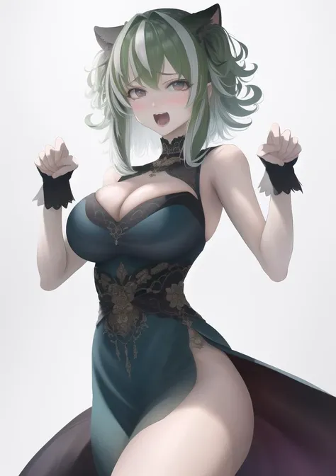 imizu, NANOPUNK style, downblouse and (paw pose:1.1), looking at viewer, 1girl, (open mouth and kubrick stare), large breasts, dark green hair and silver streaked hair, hair intakes, quad tails, gray eyes, wearing (tube dress style dress:1.3), forest, finely detailed background, amazing background, incredibly absurdres, best quality, perfect lighting, illustration