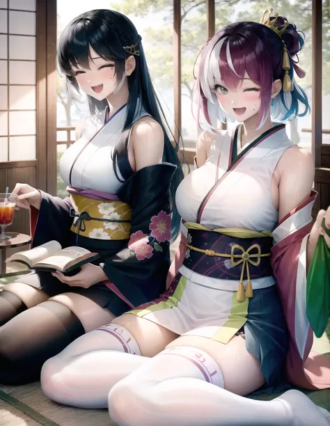 imizu, 2girls, :d, absurdly long hair, all fours, animalization, architecture, arm support, armor, bangs, black thighhighs, blurry, book, bottle, bracelet, braid, braided ponytail, breasts, bridal gauntlets, cleavage, closed mouth, colored tips, cross-shaped pupils, crown braid, cup, cushion, dango, day, depth of field, detached sleeves, dress, drink, east asian architecture, fingernails, floral print, food, fox, gohei, gold trim, green eyes, green hair, green tea, hair ornament, hand on own head, holding, holding cup, holding drink, japanese clothes, jewelry, kimono, lamp, large breasts, leaf hair ornament, light particles, light rays, light smile, long fingernails, long hair, looking at another, looking at viewer, milk bottle, mitsudomoe \(shape\), mole, mole under eye, multicolored hair, multiple girls, neck ribbon, obi, obiage, obijime, off shoulder, one eye closed, open book, open mouth, outdoors, pink fur, purple eyes, purple hair, purple kimono, purple nails, red sash, ribbon, sanshoku dango, sash, short kimono, short sleeves, shoulder armor, shrug \(clothing\), sidelocks, single braid, sitting, skewer, sleeveless, sleeveless dress, smile, socks, stirrup legwear, streaked hair, symbol-shaped pupils, tassel, tatami, tea, thighhighs, toeless legwear, tomoe \(symbol\), tray, tree, twitter username, two-tone hair, very long hair, wagashi, white dress, white hair, white socks, wide sleeves, yokozuwari, zabuton