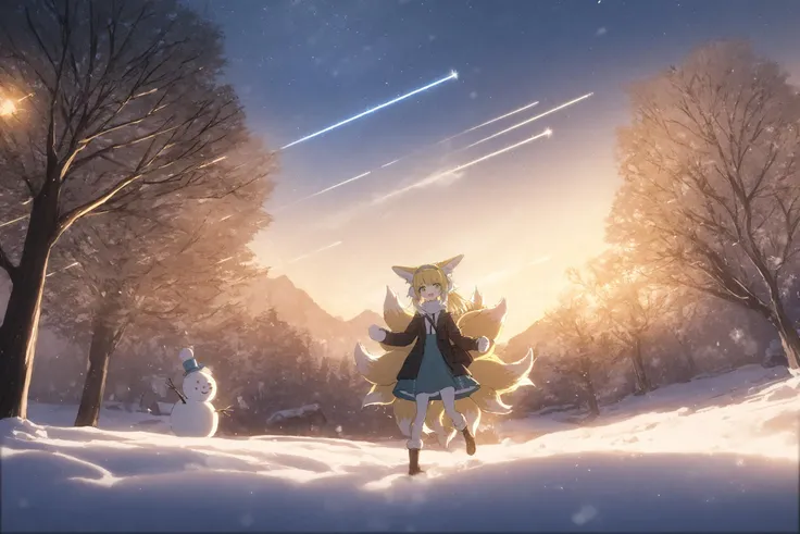 1girl, 
suzuran \(arknights\),  
luoxiaohei, animal ears, blonde hair, fox ears, green eyes, long hair, hairband, tail, fox tail, outdoors, (night:1.1), (meteor shower:1.1), (mountain:0.9), earmuffs, multiple tails, snow, dress, scarf, mittens, animal, snowman, boots, kitsune, blue hairband, fox girl, alternate costume, coat, tree, smile, open mouth, pantyhose, winter clothes, solo, 
masterpiece, best quality,  safe
 <lora:yy_xl_v1:1> <lora:suzuran_luoxiaohei_xl_v1-000008:0.8>