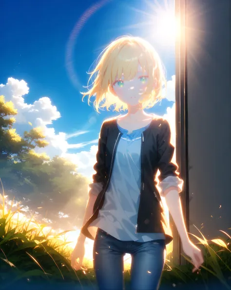 1girl, cowboy shot, standing, short hair, blonde hair, green eyes, black jacket, open jacket, blue shirt, sleeves rolled up, jeans, collarbone, outdoors, cloud, blue sky, sunlight <lora:outline_xl_kohaku_delta_spv5x:-2> <lora:yy_xl_v1:1>