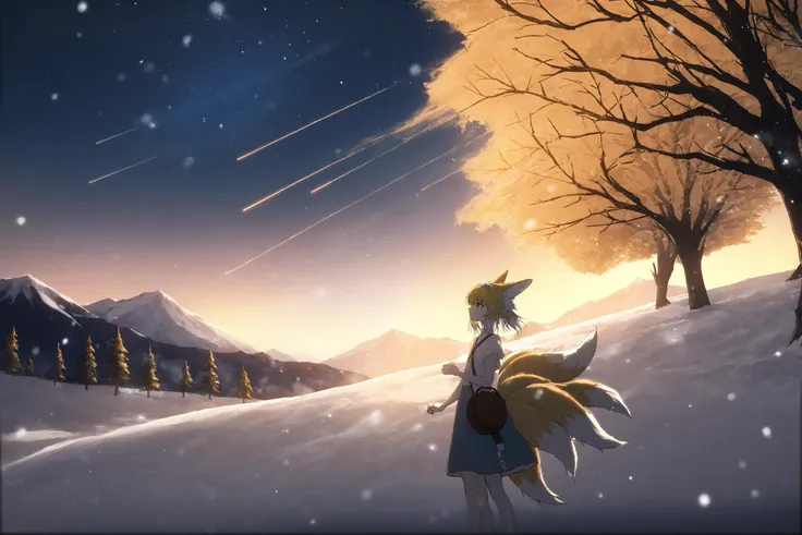 1girl, 
suzuran \(arknights\),  
luoxiaohei, animal ears, blonde hair, fox ears, green eyes, long hair, hairband, tail, fox tail, outdoors, (night:1.1), (meteor shower:1.1), (mountain:0.9), looking afar, solo, sky, from side, looking ahead, night sky, tree, snow, bare tree, profile, kitsune, multiple tails, cloud, snowing, standing, blue hairband, fox girl, kyuubi, animal ear fluff, 
masterpiece, best quality,  safe
 <lora:yy_xl_v1:1> <lora:suzuran_luoxiaohei_xl_v1-000008:0.8>