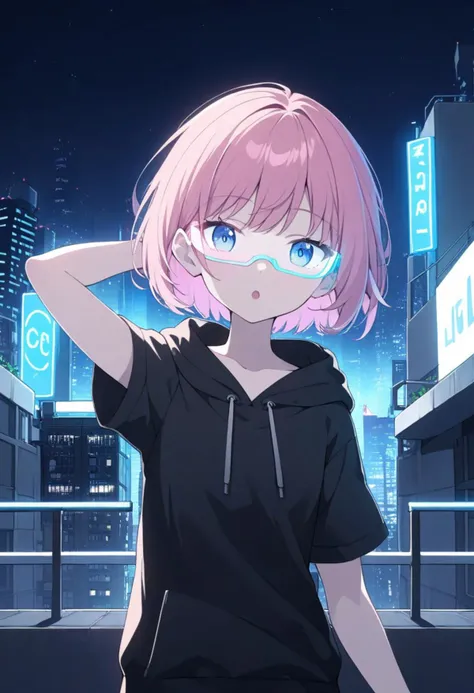 1girl, upper body, standing, short hair, pink hair, blue eyes, led glasses, black hoodie, short sleeves, :o, arm up, hand on own...