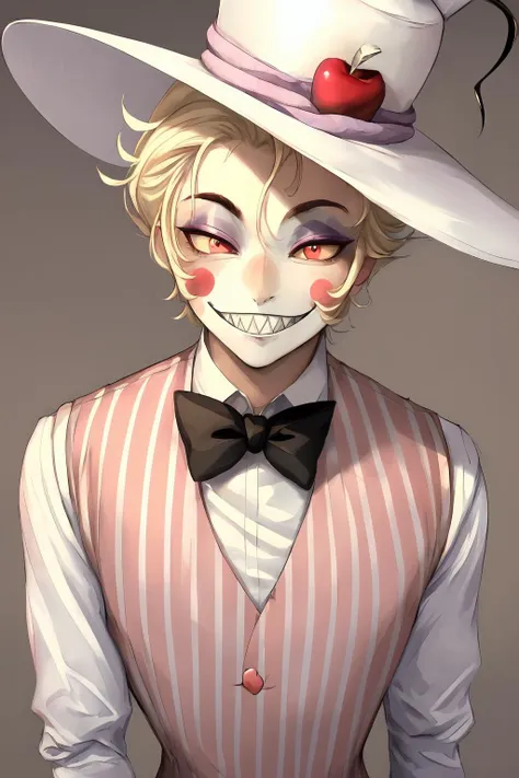 (masterpiece), best quality, (perfect face, blush stickers, grin, sharp teeth, colored skin, makeup), 1boy, male focus, solo, (blonde hair, short hair), (top hat, apple, hat, white headwear), (white coat, long sleeves, striped vest, suit, bowtie), (red eyes, yellow sclera, colored sclera,)  <lora:Lucifer-003:0.8>