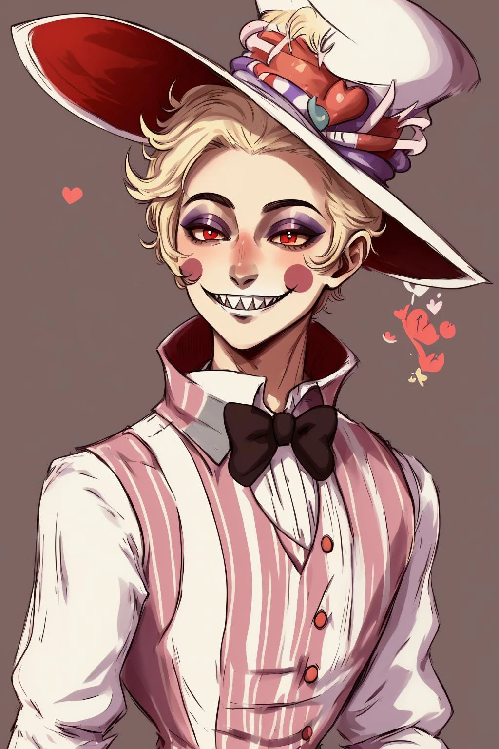 (masterpiece), best quality, (perfect face, blush stickers, grin, sharp teeth, colored skin, makeup), 1boy, male focus, solo, (blonde hair, short hair), (top hat, hat, white headwear), (white coat, long sleeves, striped vest, suit), (red eyes) <lora:Lucifer-003:0.75> <lora:reference sheet-model sheet:1>, reference sheet, model sheet, simple background