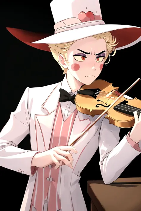(masterpiece), best quality, (perfect face, expressive eyes, blush stickers, angry face, closed mouth, colored skin, makeup), 1boy, male focus, solo, (blonde hair, short hair), (top hat, hat, white headwear), (white coat, long sleeves, striped shirt, suit, bowtie), (red eyes, yellow sclera), <lora:Lucifer-003-000013:0.8>, violin, playing violin, Pretending to play the violin, cowboy shot, cartoon